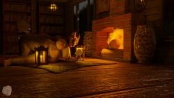 3d_(artwork) animal_skin_rug anthro argonian bethesda_softworks big_breasts book breasts candle digital_media_(artwork) female fire fireplace furniture hi_res horn inside justyschultz kia-ree_(ncs) kia-ree_(ncs_artist) nipples nude open_mouth reptile scales scalie solo solo_focus text the_elder_scrolls vase wood_floor