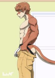 1boy abs anthro bootaart bulge furry jockstrap male male_only muscles muscular muscular_male original otter pants_open pecs shirtless side_view solo tagme tail tight_pants_(meme) tokifuji unzipped_pants