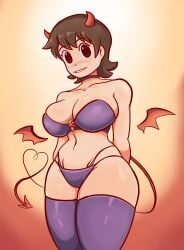 1girls aioi_yuuko breasts brown_eyes brown_hair cleavage demon_horns demon_tail demon_wings dozo_gon horns huge_breasts nichijou short_hair solo solo_female succubus succubus_horns succubus_tail succubus_wings tail wings