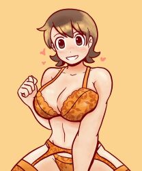 1girls aioi_yuuko bra breasts brown_eyes brown_hair cleavage dozo_gon heart huge_breasts lingerie looking_at_viewer navel nichijou panties pov short_hair sitting_on_lap smile solo solo_female suggestive underwear