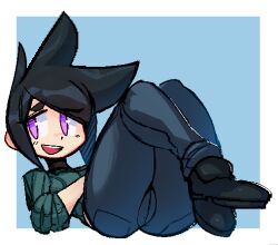 1girls ass black_hair blush cameltoe choker color cragscleft fully_clothed legs_up original original_character pants pinup purple_eyes rigatoni_(cragscleft) short_hair sweater teasing