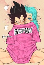 1boy amartbee aqua_hair artist_name badman_shirt badman_shirt_vegeta black_hair blush bulma_briefs bulma_briefs_(post_saiyan_saga) dragon_ball dragon_ball_z female handjob heart penis pink_shirt shirt simple_background spread_legs twitter_username vegeta