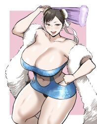 1girls brown_eyes chun-li cleavage curvaceous double_bun fur huge_breasts mature_female shibusun solo straight_hair street_fighter thick_thighs voluptuous wide_hips