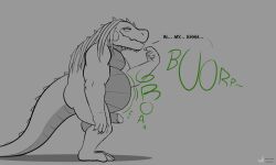 anthro artrogero_(artist) ass balls belly big_belly burping capcom digestion erection fanged_wyvern foreskin genitals hi_res jagras male male_pred monster_hunter musclegut oral_vore penis rumbling_stomach scalie smile smiling_at_viewer solo tail vore watermark