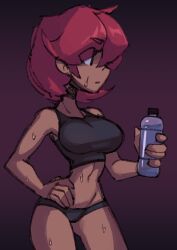 1girls after_workout ass_visible_through_thighs black_panties breasts color cragscleft farfalle_(cragscleft) looking_away original panties partially_clothed red_hair short_hair sports_bra sweat thighs underwear water_bottle