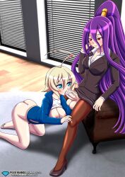 1futa 1girls areolae balls bbmbbf bent_over blazblue blonde_hair bottomless breasts chair clothed clothing diamond_level duo es_(xblaze) fellatio female futa_on_female futanari hades_izanami human kneeling light-skinned_female light-skinned_futanari light_skin long_hair mostly_clothed nipples office_lady oral palcomix palcomix_vip partially_clothed penis pietros_secret_club purple_hair sex sitting xblaze