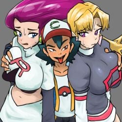 1boy 2girls age_difference ash_ketchum averting_eyes big_breasts breast_grab cassidy_(pokemon) double_breast_grab dress earrings groping jessie_(pokemon) large_breasts long_hair mature_female minidress miniskirt nipples older_female older_woman_and_teenage_boy orange_hair pimp pokemon red_hair satoshi_(pokemon) skirt team_rocket teenage_boy teenager younger_male