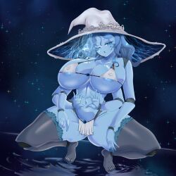 1girls alternate_body_type alternate_breast_size blue_body blue_hair doll_joints elden_ring female female_only fromsoftware huge_breasts looking_at_viewer miyako_(artist) miyako_noh ranni_the_witch squatting witch_hat