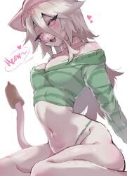 1girls 2022 anthro blush cat_ears cattail_(chikomokii) cattail_(plant) cattail_(pvz) english_text eyelashes fangs feline female female_only fur furry furry_only gift_art hi_res kneeling long_hair looking_down lovemaxultra open_mouth pink_eyes plant_girl plantie plants_vs_zombies smiling solo speech_bubble tail white_background white_fur white_hair