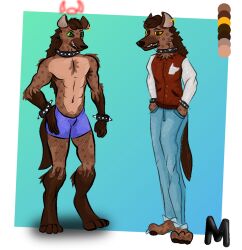 abs digitigrade earring fully_clothed grant_(vileposs_joey) green_eyes green_sclera hands_in_pockets hyena male partially_clothed spiked_bracelet spiked_collar spotted_body spotted_fur spotted_hyena tail varsity_jacket vileposs_joey_(artist) yellow_eyes yellow_sclera