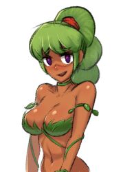 1girls bikini bikini_top blush breasts choker color cragscleft dark-skinned_female dryad_(terraria) green_hair leaf long_hair midriff plant ponytail purple_eyes tan_skin terraria