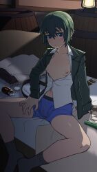 1girls 2020s 2023 androgynous anime bed bedroom black_hair black_socks blue_eyes blue_underwear bottle boxer_briefs boxers_(clothing) breasts breasts_out crossdressing crossdressing_female emotionless exposed_breasts expressionless eyebrows_visible_through_hair female female_only front_view green_hair hand_on_thigh highres hutamaru imminent_sex indoors jacket kino kino_no_tabi lantern legs legs_apart legs_apart_feet_together light-skinned_female light_skin looking_at_viewer male_underwear manga navel nipples on_bed open_clothes open_jacket pill shiny_hair shiny_skin short_hair shorts sidelocks sitting sitting_on_bed small_breasts socks solo solo_female spread_legs strong_tomboy_(spectrum) teenage_girl teenager thighs tomboy unbuttoned_shirt underwear