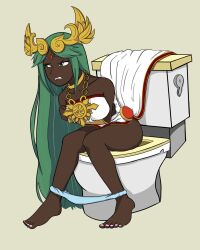 1girls barefoot blackwashed dark_skin edit female green_eyes green_hair kid_icarus nintendo palutena scat straining toilet toilet_use