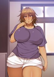 1girls cleavage curvy_figure hiyori_namikawa huge_breasts korotsuke looking_at_viewer shorts solo solo_female tanline tanned_female the_creepy_glasses_girl thick_thighs