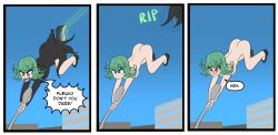 1girls ass blush clothes_removed comic embarrassed_nude_female english_text female female_only green_hair light-skinned_female naked naked_footwear nude nude_female one-punch_man solo spongebob_reference starrshineart tagme tatsumaki