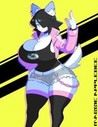 2022 2023 5_fingers anthro big_breasts black_clothing black_hair black_legwear black_shirt black_tank_top black_topwear blue_eyes blush blush_stickers bottomwear bracelet breasts canid canine canis chains character_name chest_tuft cleavage clothed clothing collar cutoffs daisy_dukes denim denim_clothing dog_ears dog_girl dog_tail domestic_dog ear_piercing english_text female fingers furry grey_bottomwear grey_clothing grey_shorts hair hair_over_eye hair_over_one_eye hi_res hourglass_figure huge_breasts inner_ear_fluff jacket jewelry legwear looking_at_viewer maggie_applebee mammal one_eye_obstructed piercing pink_clothing pink_jacket pink_topwear shirt short_hair shorts solo spiked_bracelet spiked_collar spikes stockings tank_top text theycallhimcake thick_thighs topwear tuft