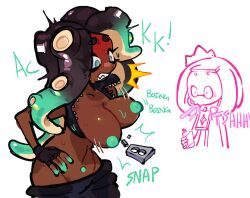 2girls accidental_circumstance accidental_exposure big_breasts blush boing breasts breasts_out clenched_teeth dark-skinned_female dark_hair embarrassed embarrassed_nude_female enf female green_eyes green_hair kint long_hair marina_(splatoon) midriff multiple_girls navel_piercing nipples pearl_(splatoon) shocked short_hair spitting splatoon surprised te text two_tone_hair wardrobe_malfunction zipper zipper_malfunction