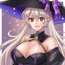 1girls alternate_costume bare_shoulders black_dress bow breasts cleavage commentary_request corrin_(female)_(fire_emblem) corrin_(female)_(halloween)_(fire_emblem) corrin_(fire_emblem) corrin_(fire_emblem)_(female) dress earrings female female_only fire_emblem fire_emblem_fates fire_emblem_heroes grey_hair grin halloween halloween_costume hat hat_bow hazuki_(nyorosuke) jewelry large_breasts long_hair looking_at_viewer nintendo off-shoulder_dress off_shoulder official_alternate_costume pointy_chin pointy_ears puffy_sleeves purple_bow purple_headwear red_eyes smile solo upper_body very_long_hair witch witch_hat