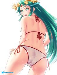 1girls ass back backboob big_ass big_butt big_thighs bikini breasts butt dat_ass etchimune female female_only green_eyes green_hair kid_icarus laurel_crown light-skinned_female light_skin long_hair looking_at_viewer looking_back looking_back_at_viewer nintendo open_mouth palutena sideboob solo string_bikini thick thick_ass thick_butt thick_hips thick_thighs very_long_hair white_background wide_hips