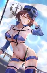 absurdres arm_behind_head arm_up azur_lane baltimore_(azur_lane) baltimore_(finish_line_flagbearer)_(azur_lane) bikini black_bikini blue_bikini blue_footwear blue_headwear blue_jacket blue_shorts blue_sky boots braid breasts brown_hair chest_harness chinese_commentary choker cleavage cloud collarbone commentary_request condom cowboy_shot cropped_jacket day detached_sleeves female flag french_braid hair_between_eyes harness hat head_tilt highleg highleg_bikini highres holding holding_pole jacket koinowana large_breasts lens_flare looking_at_viewer micro_shorts mismatched_bikini mixed-language_commentary navel official_alternate_costume parted_lips pole race_queen short_hair shorts sidelocks single_bare_shoulder single_detached_sleeve single_sleeve skindentation sky solo standing stomach sweat swimsuit thigh_boots underboob used_condom yellow_eyes