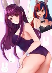 2girls :d alear_(female)_(fire_emblem) alear_(fire_emblem) alternate_costume animal_ears ass bare_arms bare_shoulders big_ass black_leotard blue_eyes blue_hair breasts bunny_ears bunny_girl bunnysuit cleavage commentary cowboy_shot edamameoka fake_animal_ears female female_only fire_emblem fire_emblem_engage heterochromia highres ivy_(fire_emblem) large_breasts leotard long_hair looking_at_viewer mole mole_under_eye multicolored_hair multiple_girls nintendo open_mouth playboy_bunny purple_eyes purple_hair purple_leotard rabbit_ears red_eyes red_hair smile standing strapless strapless_leotard streaked_hair swept_bangs thighs two-tone_hair very_long_hair wrist_cuffs