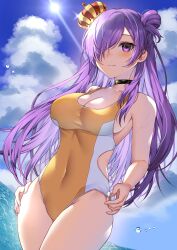 1girls alternate_costume beach breasts cleavage crown female female_only fire_emblem fire_emblem:_three_houses fire_emblem_warriors:_three_hopes hair_over_one_eye large_breasts nintendo one-piece_swimsuit purple_eyes purple_hair shez_(female)_(fire_emblem) shez_(fire_emblem) solo swimsuit yam_(yamap_mako) yellow_one-piece_swimsuit yellow_swimsuit