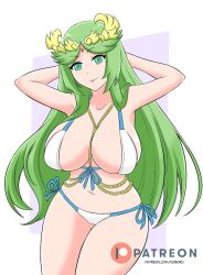 1girls alternate_costume big_breasts bikini breasts eyebrows_visible_through_hair female female_only green_eyes green_hair hands_behind_head kid_icarus laurel_crown light-skinned_female light_skin long_hair looking_at_viewer nintendo noboru_revista palutena pinup pointy_chin solo thick thick_hips thick_thighs tongue tongue_out very_long_hair wide_hips