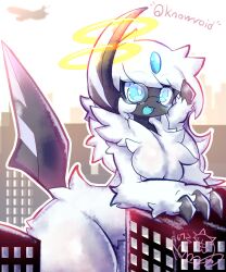 absol anthro artist_logo big_breasts blue_eyes city commission english_text furry game_freak giantess knowvoid nyaswitchnya pokémon_(species) pokemon pokemon_(species) safe_for_work sfw text thick_thighs white_hair