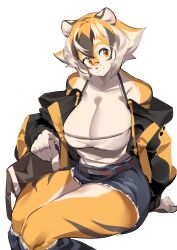 1girls 2023 alternate_version_available anthro arknights aspirindabaitu belt big_breasts cleavage daisy_dukes female furry glasses jacket jacket_off_shoulders jean_shorts mx99926 orange_eyes shorts solo solo_female tank_top tiger tiger_ears tiger_girl waai_fu_(arknights) white_background yostar