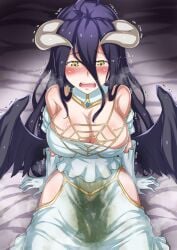 1girls albedo_(overlord) bed big_breasts black_hair cleavage dress female female_only horns large_breasts light-skinned_female long_hair overlord_(maruyama) peeing peeing_self red_cornea_blue succubus watersports wings