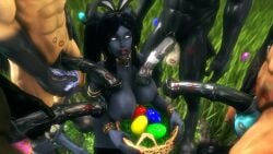 1girls 3d 4boys athletic_female bimbo black_hair blizzard_entertainment blue_skin bunny_ears collar draenei easter equine_penis horsecock huge_breasts noname55 original_character red_lipstick stockings thick_thighs warcraft world_of_warcraft x'sara