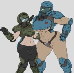 1boy 1girls abs armor ass breasts bulge crash_(quake) doom doom_slayer_(doom) edit edited femboy helmet hips large_ass larger_female methados quake simple_background size_difference skin_tight smaller_male thick_thighs thighs tummy underboob wide_hips