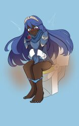 1girls barefoot blackwashed blue_eyes blue_hair blue_nails blush dark_skin edit embarrassed fart farting female female_only fire_emblem fire_emblem_awakening highres lucina_(fire_emblem) nintendo panties panties_down panty_pull race_swap scat toilet toilet_use underwear