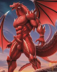 abs ai_generated anthro body_markings dragon dragon_wings humanoid_genitalia humanoid_penis larger_male long_tail male male_only muscles muscular muscular_arms muscular_legs muscular_male naked night_sky red_body red_dragon red_hair tail tattoos wings