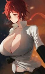 2023 belt cleavage dungeon_ni_deai_wo_motomeru_no_wa_machigatteiru_darou_ka elbow_gloves eyepatch hephaestus_(danmachi) huge_breasts pants red_eyes red_hair rororo shirt short_hair short_red_hair sweatdrop unbuttoned_shirt