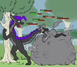 absurd_res anthro digestion digestion_noises dragon duo gameplay_mechanics generation_4_pokemon gui health_bar hi_res male male/male nintendo oral_vore plant pokemon pokemon_(species) riolu sarek_aran_desian sarek_aran_desian_(character) simple_background stomach_bulge tail tail_in_mouth tree vore