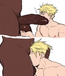 2boys bara barret_wallace big_pecs big_penis blacked_male blonde_hair blue_eyes boner choking_on_cock cloud_strife dark-skinned_male deepthroat erection faceless_male final_fantasy final_fantasy_vii hand_on_head holding_head hoybarartist huge_cock interracial light-skinned_male male/male male_only massive_penis muscles muscular muscular_male nipples nude oral oral_sex penis pink_nipples precum