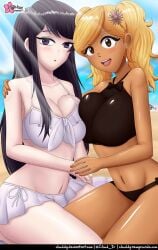 2girls blonde_hair breasts clouddg dark-skinned_female female female_only gyaru komi-san_wa_komyushou_desu komi_shouko long_fingernails looking_at_viewer manbagi_rumiko outdoors outside pointy_chin tagme