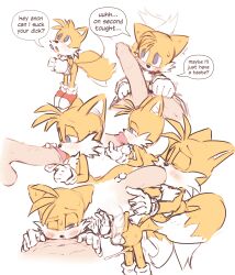 absurd_res anthro balls canid canine cum cumming_from_giving_oral fellatio foreskin forurune fox genitals hi_res human human_on_anthro humanoid_genitalia humanoid_penis male male/male male_only mammal oral pectoral_bulge penile penis sega sex simple_background sonic_(series) sonic_the_hedgehog_(series) tails white_background yaoi young