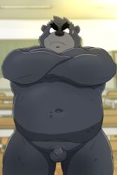 2023 anthro balls bear belly big_belly black_body black_nose flaccid genitals hi_res kemono male mammal navel overweight overweight_male penis scar shibatanukiti small_penis solo