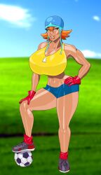 bimbo breasts casetermk digimon female gigantic_breasts hips huge_ass huge_breasts huge_hips large_breasts looking_at_viewer muscular_female sora_takenouchi tan thick_lips thick_thighs thighs wide_hips