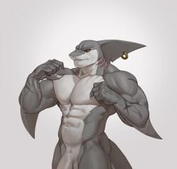 abs absurd_res anthro biceps digital_drawing_(artwork) digital_media_(artwork) edvardiko fin fish genitals gills hi_res kuyo looking_at_viewer male marine muscular muscular_male nipples nude pecs penis piercing shaded shark simple_background solo standing tail yellow_eyes