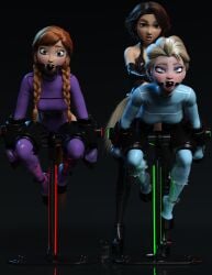 3d 3d_(artwork) ahe_gao anna_(frozen) ball_gag bodysuit crossover daz3d daz_studio disney dominant_female dominatrix elsa_(frozen) female frozen_(film) gag grabbing_hair hoof_boots hoof_gloves horse_girl horseplay latex latex_suit lesbian_sex pin3d pulling_hair rapunzel restrained stationary_restraints strap-on tagme tangled yuri