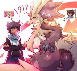 !? 2023 anthro ass ass_grab big_ass big_breasts black_hair body_swap breasts brown_eyes canine cheek_tuft confused confusion delphox ear_tuft elbow_tufts eyelashes fangs fluffy_ass fluffy_tail fox fox_girl fox_tail generation_6_pokemon grey_fur hoodie huge_ass huge_breasts multicolored_body multicolored_fur nyaswitchnya pokémon_(species) pokemon pokemon_(species) pokemon_xy red_eyes red_fur signature tail white_fur yellow_fur