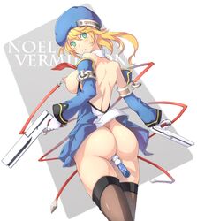 1girls anal_insertion ass beret blazblue blonde_hair bolverk breasts detached_sleeves dual_wielding female gloves green_eyes gun hat larasuke large_breasts looking_back nipple_piercing nipples noel_vermillion piercing short_hair solo tear thighhighs vibrator weapon