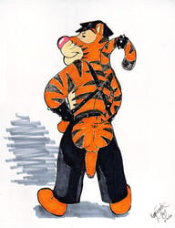 1boy 2011 anus ass assless_chaps balls black black_leather bondage disney feline hat irishneko leather male male_only orange penis raised_tail smooth_skin solo spike spikes studs tail tiger tigger uncut winnie_the_pooh_(franchise)