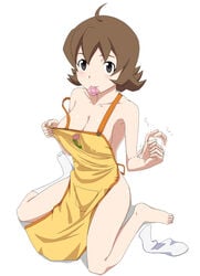 1girls apron bare_shoulders blush breasts brown_eyes cleavage condom danball_senki female kneeling looking_at_viewer milf mouth_hold naked_apron nipples nude ribonzu short_hair smile socks solo strap_slip toes white_legwear