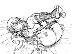 ass boots censored knife leg_hold long_hair lying monochrome panties panty_lift pussy serious shin_sangoku_musou shiwasu_no_okina underwear wang_yuanji