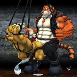 anal anthro arms_behind_head blonde_hair bondage condom cum duo equine erection gay gay_domination grisser hair horse leather male maledom malesub mike_(partran) multiple_boys nude partran partran_(character) partran_(tiger) penis rough sex wuffamute yaoi