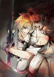 anal_fingering blonde_hair blue_eyes bondage boy_rape cuffed drip dripping exposed_shoulders fingerless_gloves guilty_gear handcuffs headband ky_kiske licking male male_rape_victim navel pole rape restrained saliva sol_badguy tear yaoi